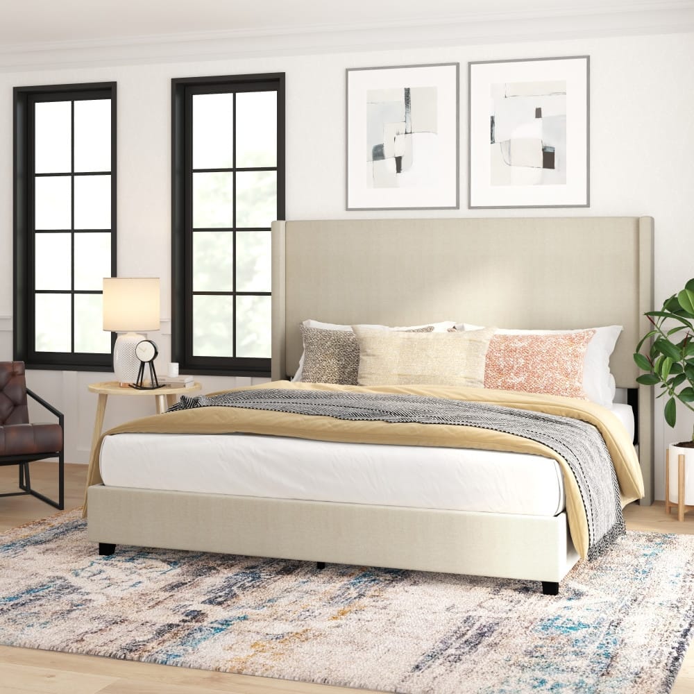 Modern Upholstered Platform Bed with Channel Stitched Headboard