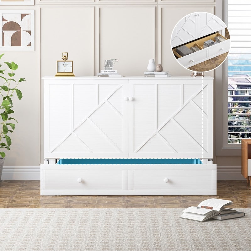 Mixoy Modern Queen Murphy Bed Chest with Mattress and USB ports