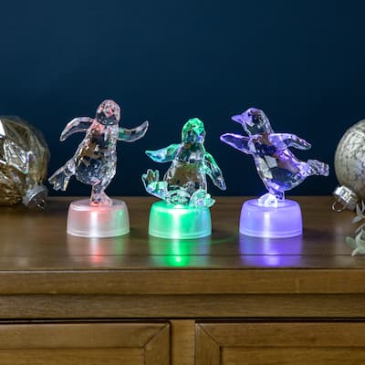 LED Color Changing Penguin Acrylic Christmas Decorations 4" Set of 3