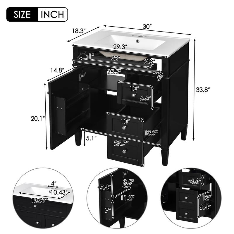 30 Inch Bathroom Vanity with Ceramic Top, 2 Storage Drawers, Tip-Out Tray, Solid Wood Frame Cabinet