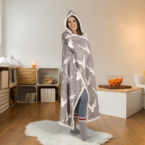Premium Hooded Blanket for Adults 65in x 48in (Heathered Deer Shield)