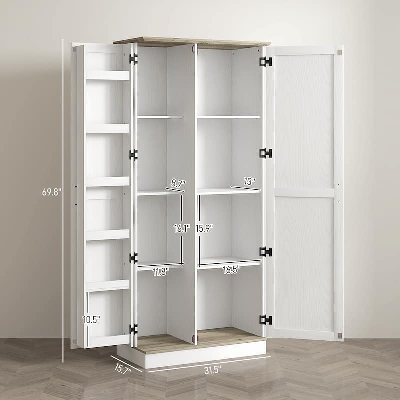 Tall Cream White Kitchen Pantry Cabinet with Adjustable Shelves and Wall Safety Anti-Tip Design - 31.5" W x 15.7" D x 69.8" H
