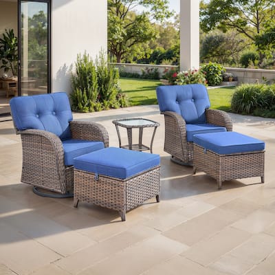 TWrap Brown Wicker Patio 5-Piece Swivel Gliders Conversation Set with 5-Inch Thick Cushions