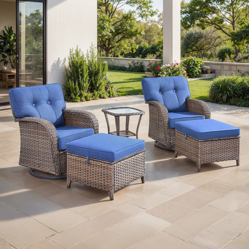 TWrap Brown Wicker Patio 5-Piece Swivel Gliders Conversation Set with 5-Inch Thick Cushions - Brown/Navy Blue - 5-Piece