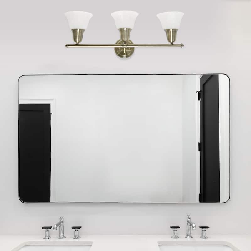 Wall Mounted Three Light Vanity Fixture with Alabaster Glass Bell Shade - 26.5" - Bronze and White