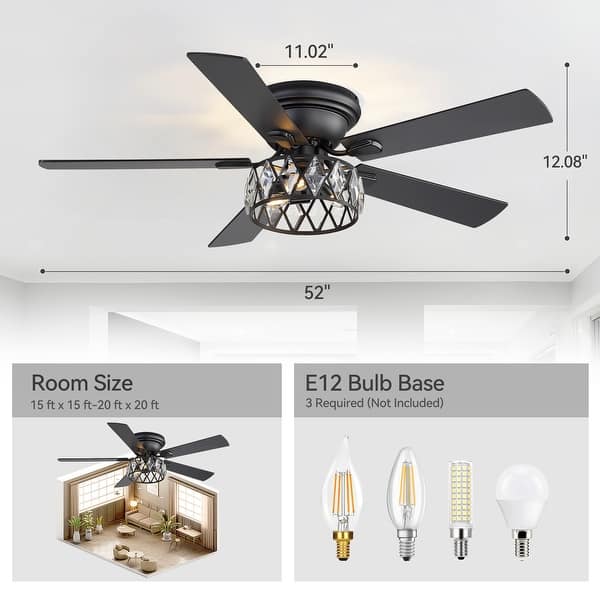 dimension image slide 1 of 2, 52" Flush Mount 5-Blade Modern Crystal Indoor Ceiling Fan with Light Kit and Remote