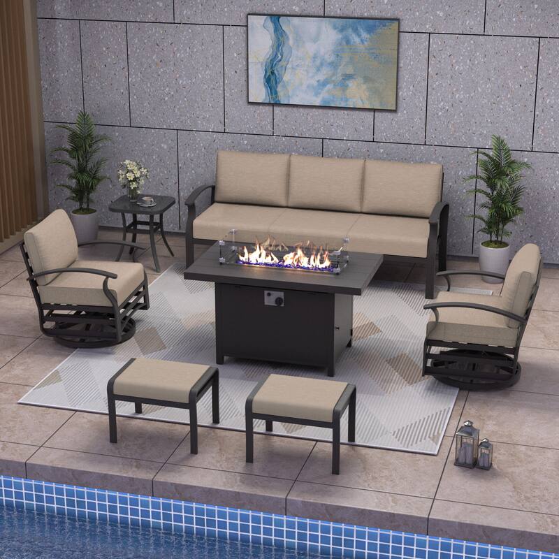 Aluminum Patio Furniture Set with Fire Pit, Ottomans & Rocking-Swivel Chairs, Modular Sofa with Thick Cushions