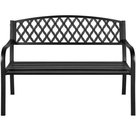 Yaheetech Patio Iron Bench with Mesh Back Slatted Seat for Garden