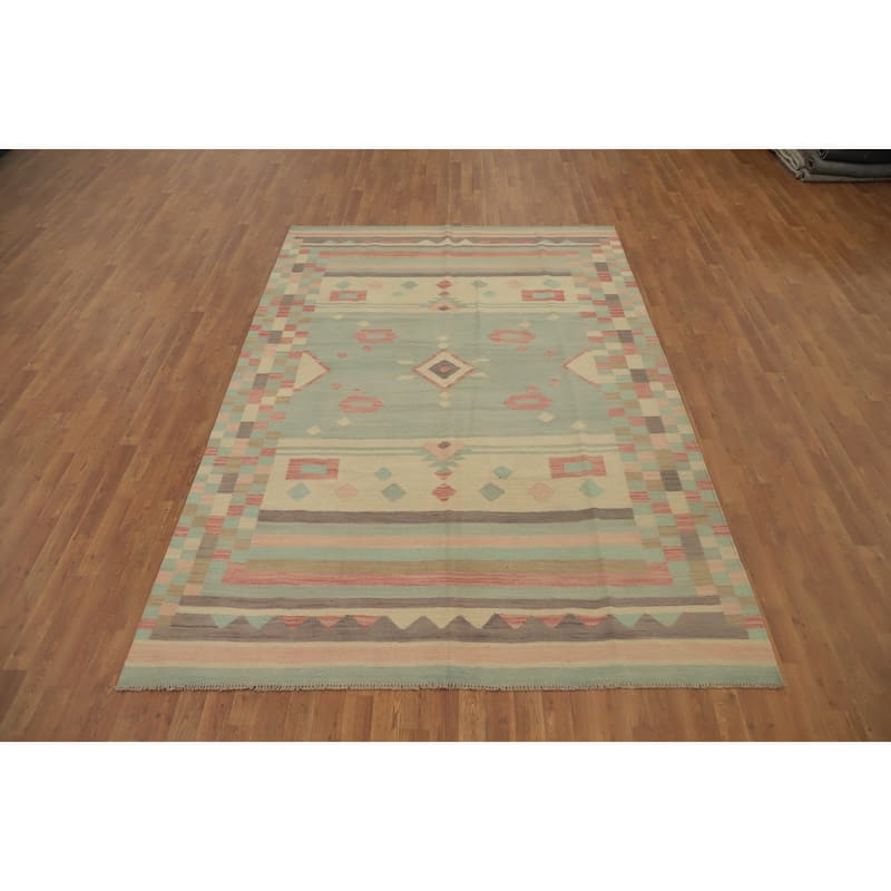 Hand Woven Oriental 100% Wool Carpet Southwestern Tribal Navy Blue & Blues Kilim Area Rug - 9' 8'' X 6' 8''