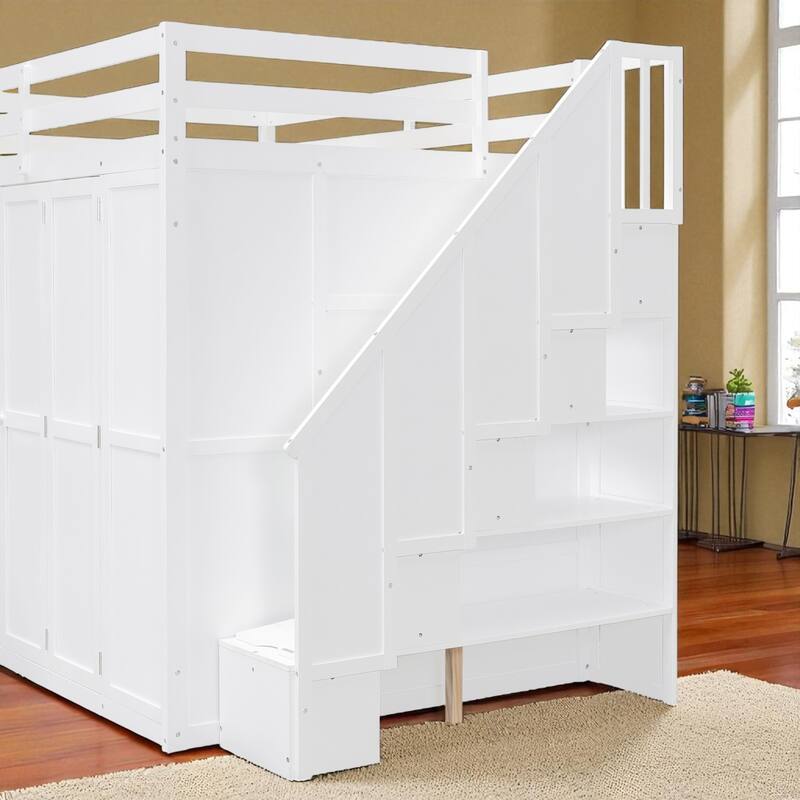 Full Size Loft Bed with Wardrobe, Desk, Shelves, and Foldable Doors for Extra Storage
