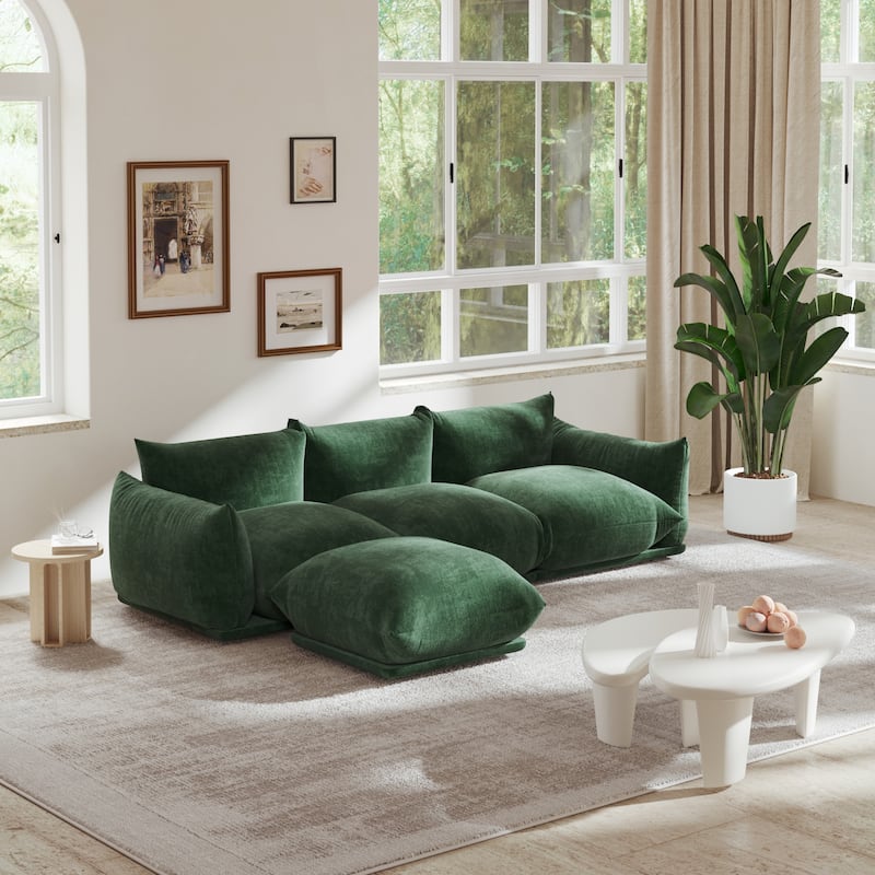 103.9'' L-Shaped Sectional Sofa Chenille Fabric 3-Seat Couch with Ottoman - Green