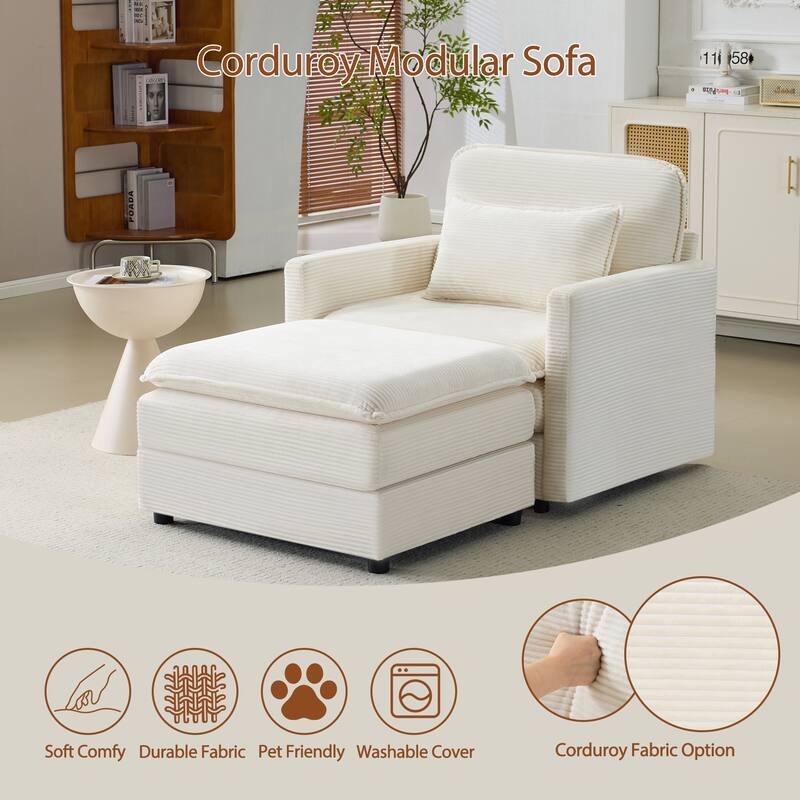 Plush Single Sofa Armchair & Ottoman Set of 2, Corduroy Chaise Lounge with Pillows - Compact Size for Living Room, Bedroom
