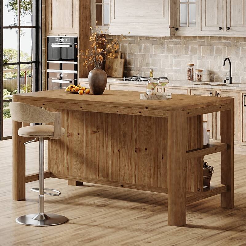 63 Inch Solid Wood Kitchen Island Table with Storage Shelves