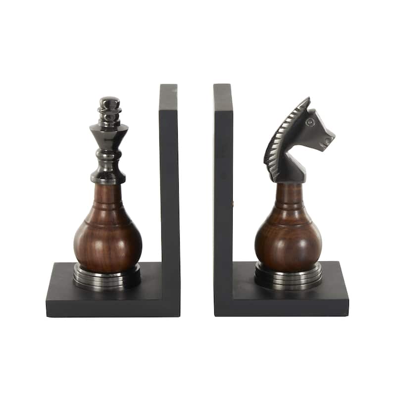 Aluminum Metal Chess Decorative Bookends with Aluminum Accents - Set of 2 Black - Roche River Decor