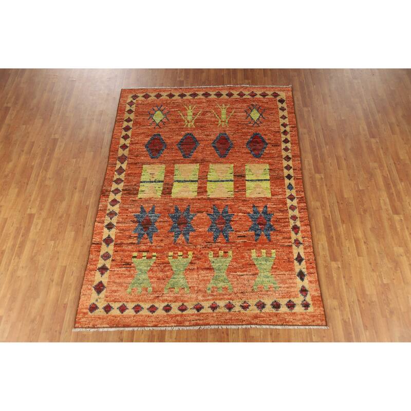 Orange Moroccan Oriental Rug Handmade Geometric Wool Carpet - 6'9" x 9'9"