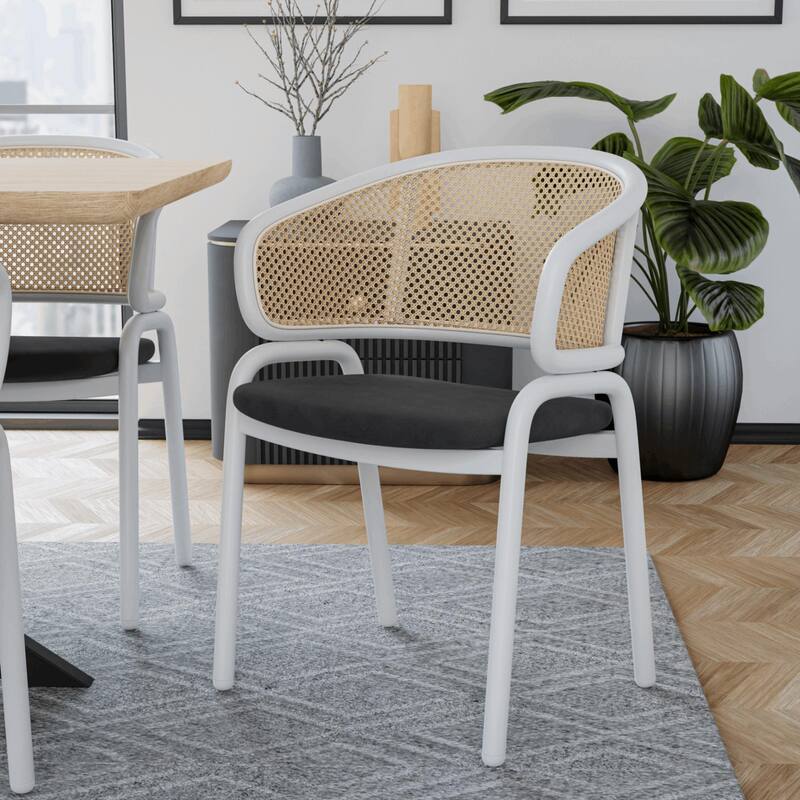 Ervilla Modern Stylish Side Chair with Rattan Back and White Steel Legs for Dining Room & Kitchen