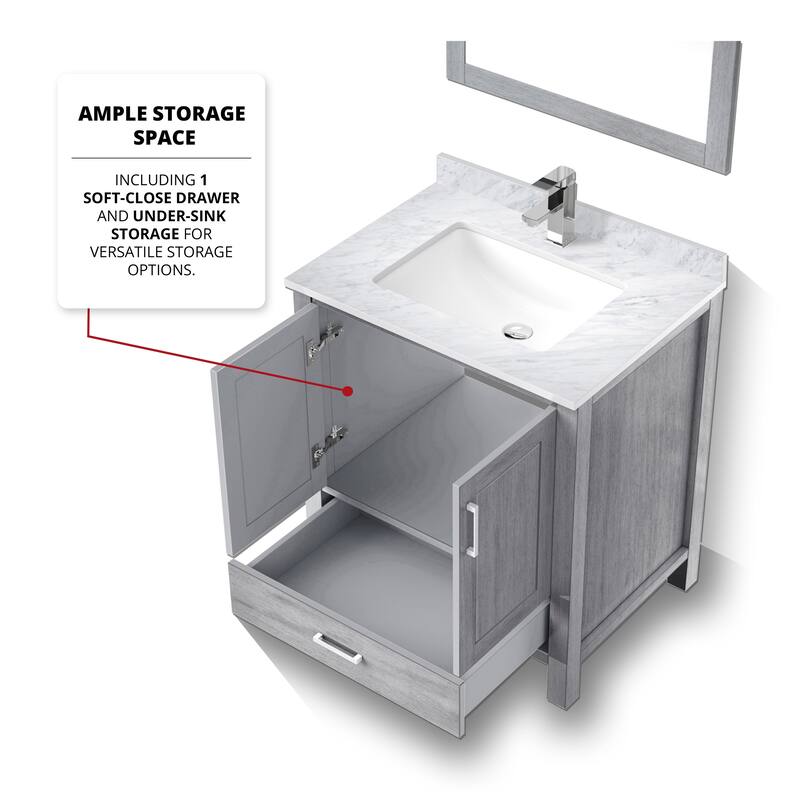 Jacques 30 in White Bath Vanity, Carrara Marble Top, Faucet, & Mirror