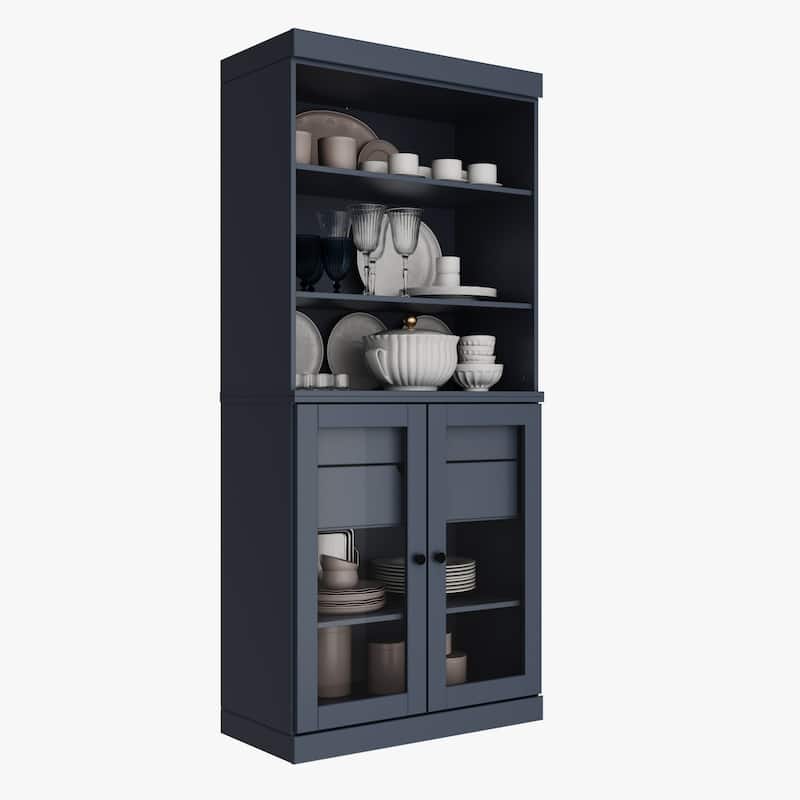 100% Solid Wood Kitchen Pantry Cabinet with 2 Clear Glass or Solid Wood Doors and 2-Drawer Organizer by Palace Imports