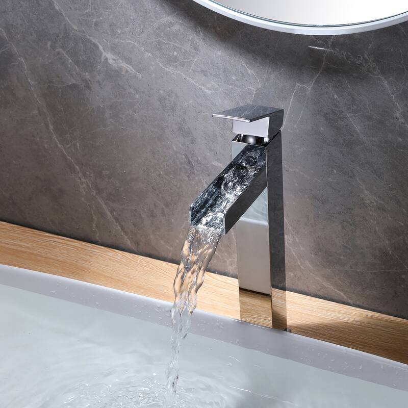 Single Handle Square Tall Waterfall Bathroom Sink Faucet