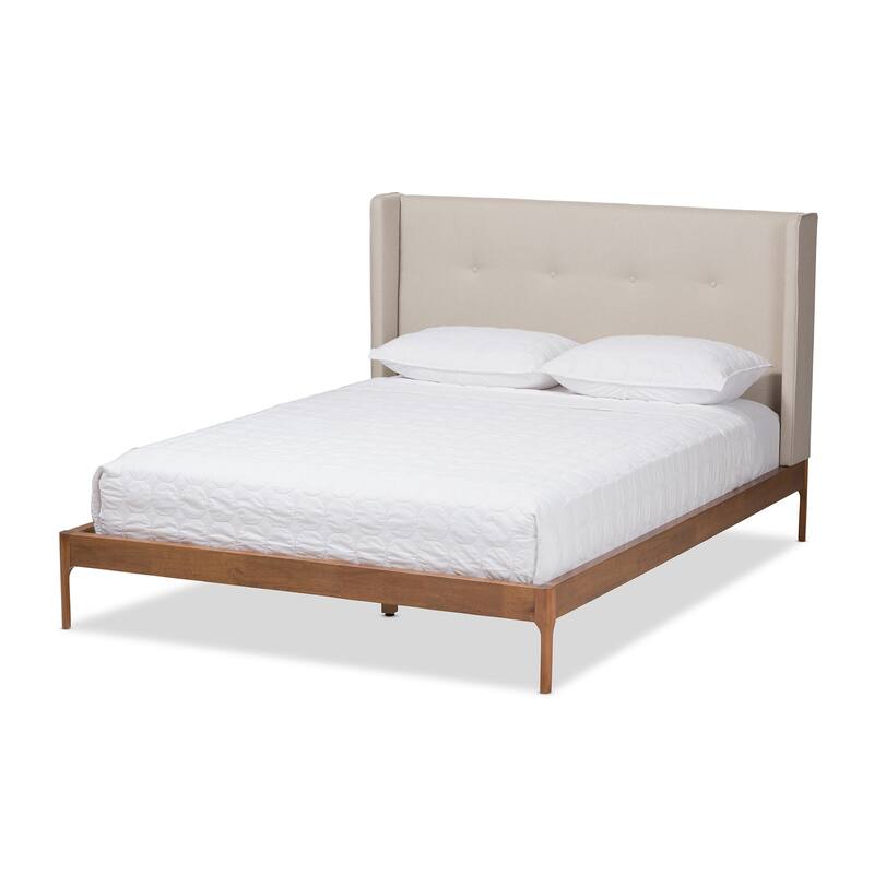 King Size Platform Bed Walnut Wood & Beige Fabric Headboard, Modern Bedroom Furniture