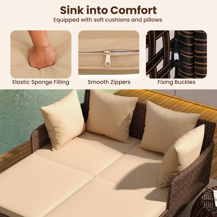 Mix Brown Rattan Day Bed with Cushions Outdoor Lounger - 60" x 52.5" x 27.5"