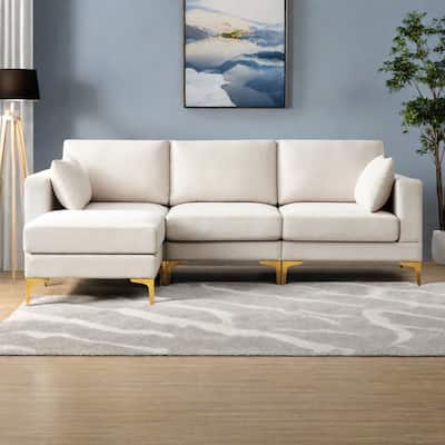 92.9" L-Shaped Fabric Sectional Sofa with Ottoman, Gold Metal Legs and High-Density Foam Seating