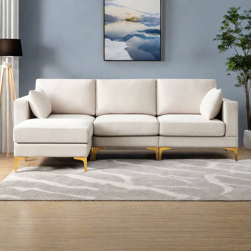 92.9" L-Shaped Fabric Sectional Sofa with Ottoman, Gold Metal Legs and High-Density Foam Seating