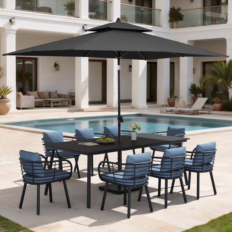 11PC Outdoor Patio Dining Set Aluminum Table with Sunbrella Cushion Chairs w/ Premium Market Umbrella Sets