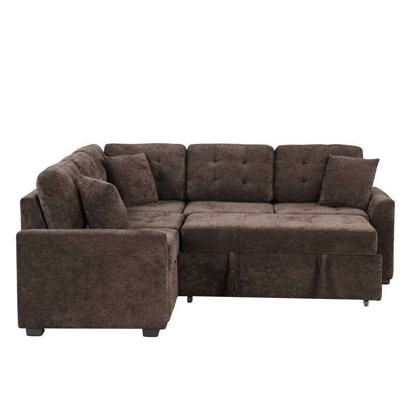 Brown L-Shape Sofa Bed with Pull-Out Sleeper, USB Ports, Power Sockets