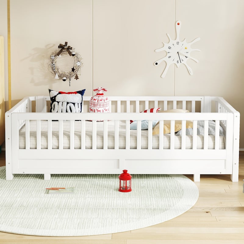 Adjustable Platform Bed Frame with Safety Guardrail for Kids, Guests