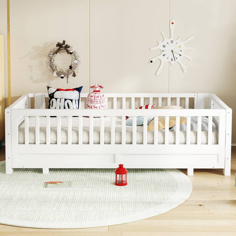 Twin XL Size Platform Bed with Guardrails, Solid Wood Twin XL Bed Frame, Can Be Converted into a Queen Platform Bed, White