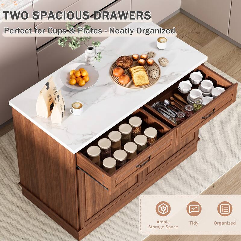 EROMMY 48" Kitchen Island Cabinet with Marble Countertop, Walnut Finish, 2 Drawers & 2 Cabinets