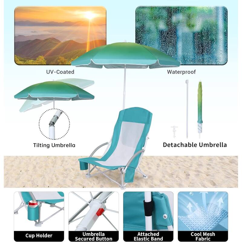 Beach Chair, Beach Chair with Umbrella, Beach Chair for Adults Camping Chair High Back with Umbrella and Cooler, Lightweight