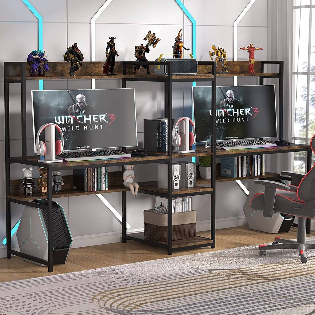 98 inches double computer desk with hutch and storage shelf two person desk