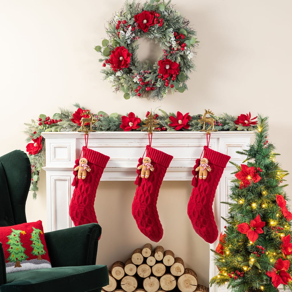 Glitzhome 22"L Knitted Christmas Stocking with Pompon Tassel or Gingerbread Man Ornament