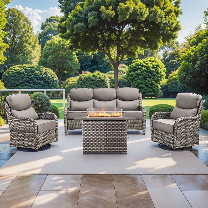 Pocassy Outdoor 6 Inch Sofa Chair Ottoman with Fire Pit Table Set - Grey Wicker Gray Cushion - 4 Pieces Sofa Chair with Fire Table