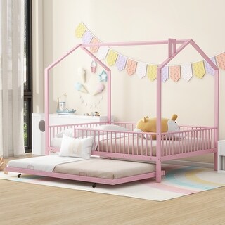 Contemporary Mordern Design Full Size House Platform Bed,Solid Metal Bed with Trundle,Semi-Enclosed Fence