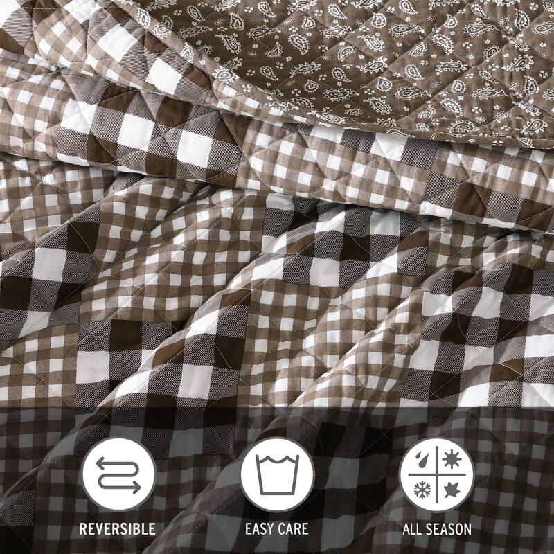 Eddie Bauer Gingham Patchwork Cotton Reversible Brown Quilt Set
