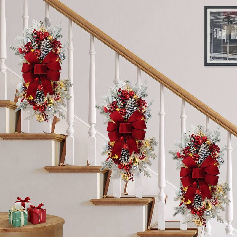 Puleo International 28" Pre-Lit Adorned Flocked Artificial Banister Swag with 70 Warm White Lights - Green