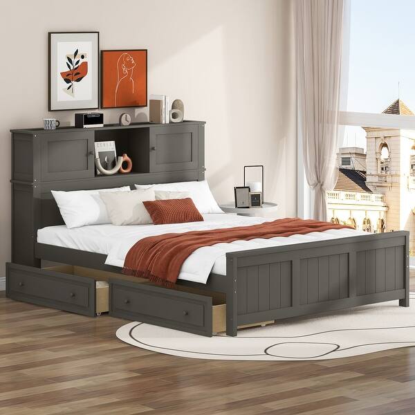 slide 2 of 7, Full Size Platform Bed with Storage Headboard, Kid's Bed Frame with Sliding Door, Wooden Bed with 2 Drawers, Gray Grey