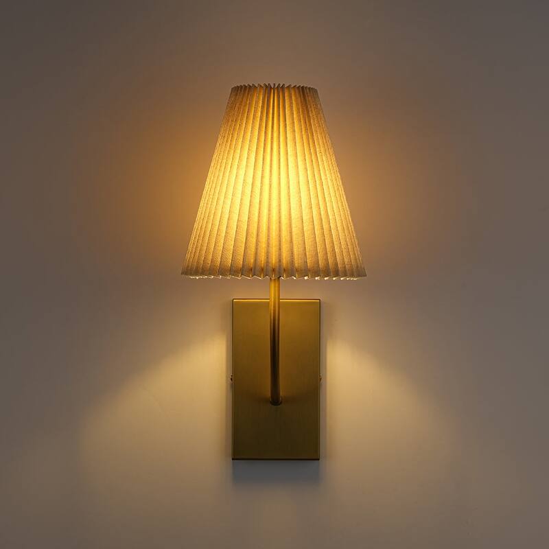 Mid-Century 1-Light Pleated Ivory Fabric Armed Wall Sconce