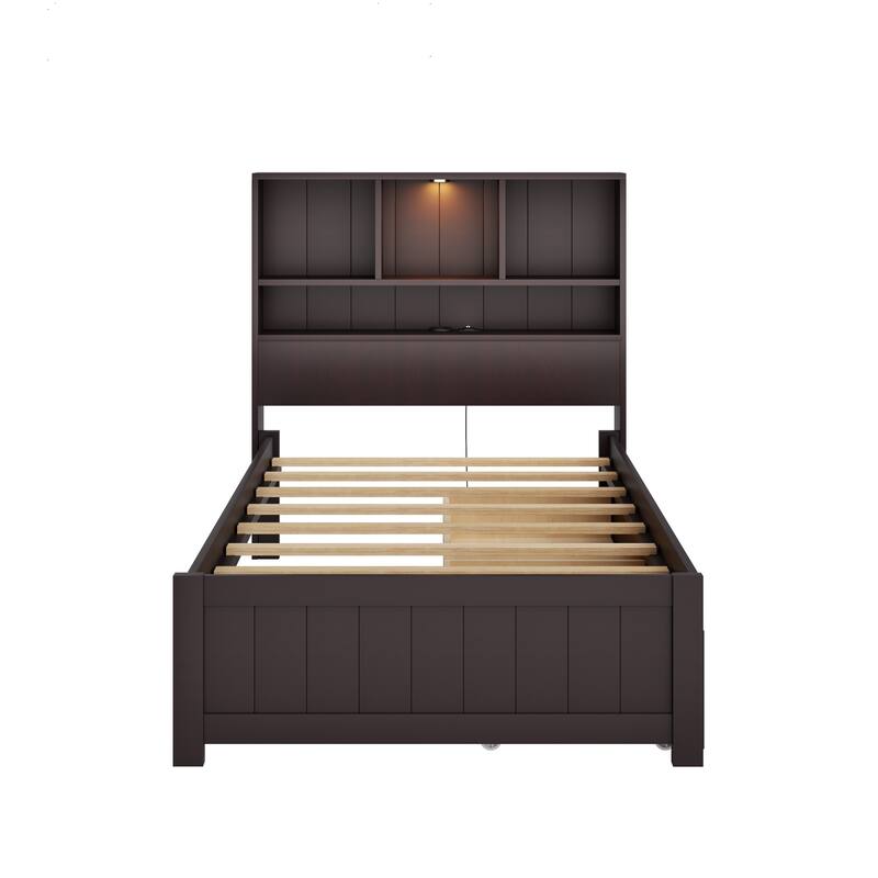 Wood Platform Bed Frame with Built-In Night Light/Charging Station/Open Bookcase Headboard/and 2 Side Drawers/Wood Slats Support