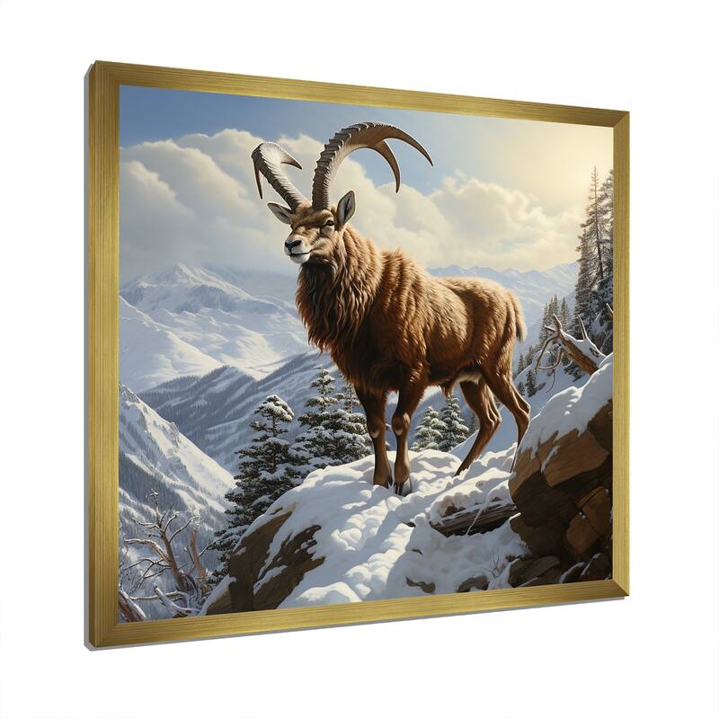 Designart "Minimalist Goat Winter Mountain Adventure" Goat Wall Decor Brown Modern Entryway Framed Wall Art Print