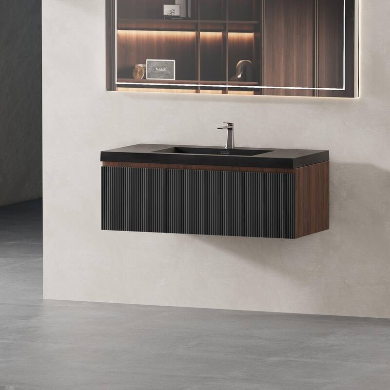 GDFStudio - Everett 36-Inch Floating Bathroom Vanity with Quartz Sand Basin and Fluted Storage Drawers