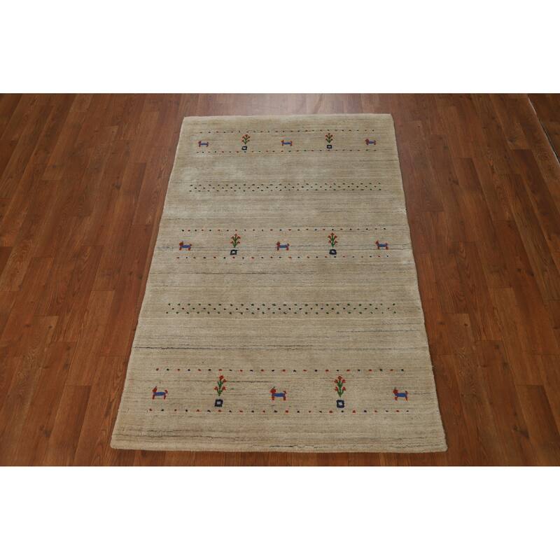 Tribal Gabbeh Indian Foyer Rug Handmade Accent Beige Silk Carpet - 3'1"x 4'11"