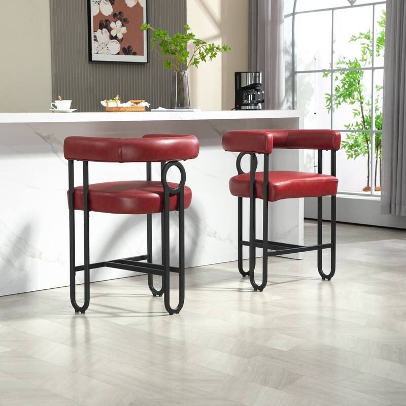 Bar Stools Set of 2, Upholstered Counter Height Stools with Back, Kitchen Island Chairs with Footrest and Metal Frame
