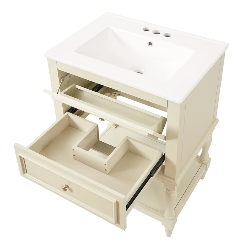 Retro Small Bathroom Vanity with Open Shelf, Ceramic Sink Cabinet