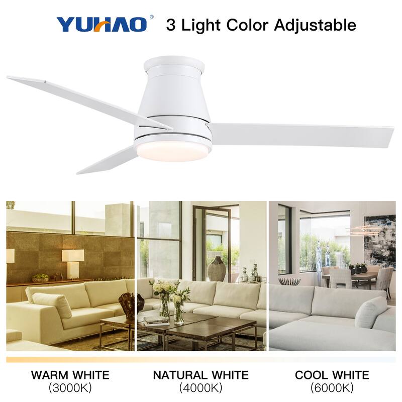 YUHAO AeroLite 48 in. Indoor White Low Profile Standard Ceiling Fan with Bright White Integrated LED Light Kit, Remote Included