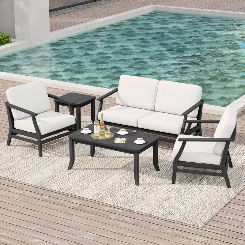 Outdoor Conversation Set Patio Chair, Loveseat with Tables - Dark Wood - Beige