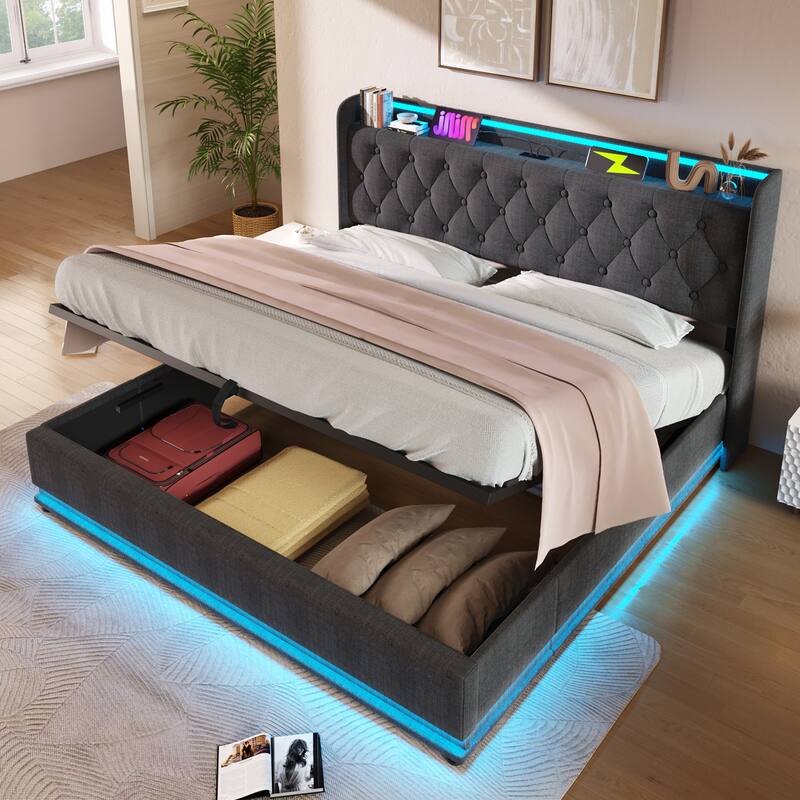 King Size Platform Bed Underbed Storage Bed with Wingback Tufted Headboard, USB and 360 Surround LED Strip, Linen Upholstered
